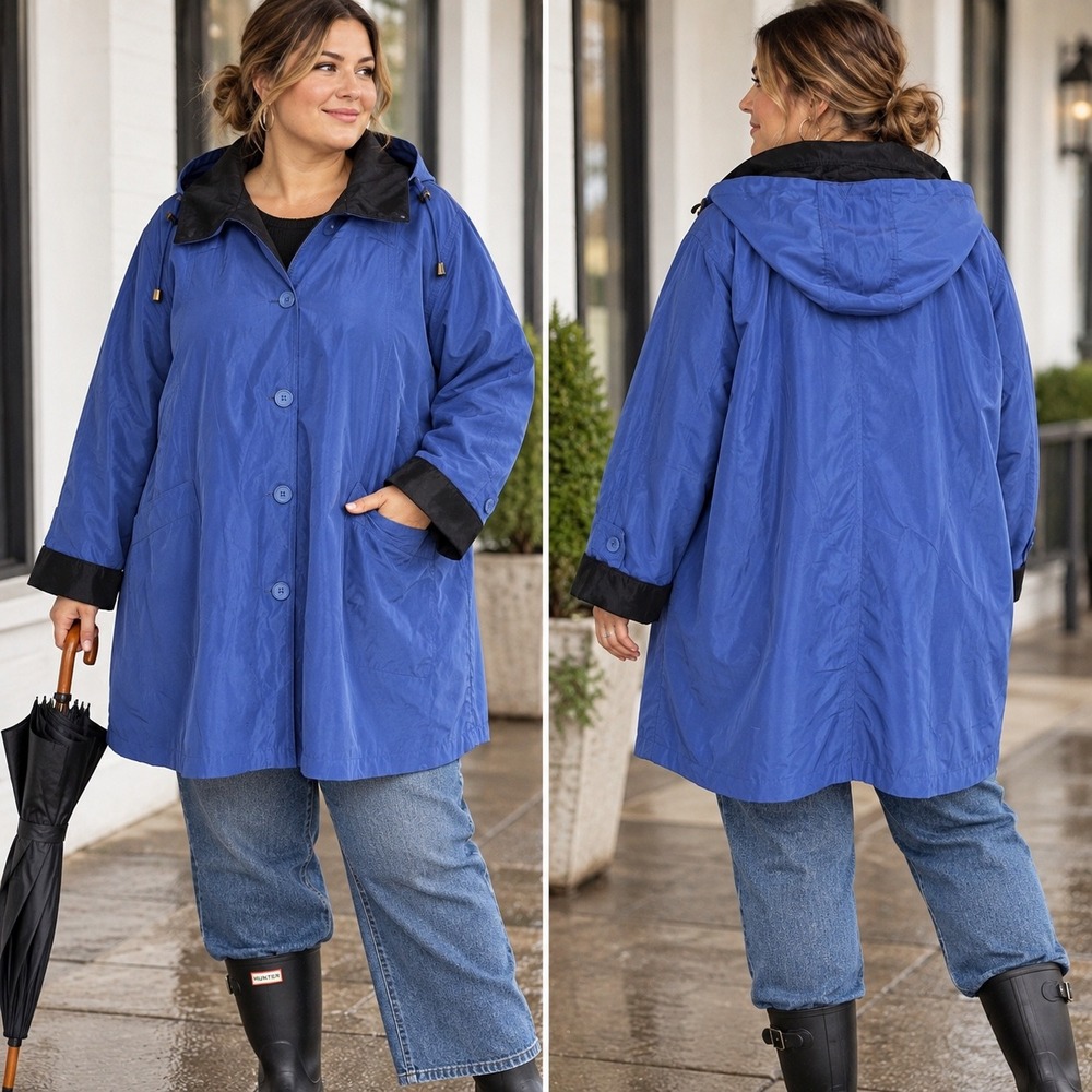 Vintage Tally-Ho Outerwear Blue Hooded Rain Coat Removable Liner Size 2X READ